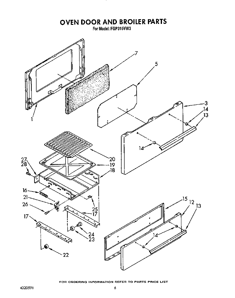 OVEN DOOR AND BROILER Diagram and Parts List for FGP315VW3  Roper Range
