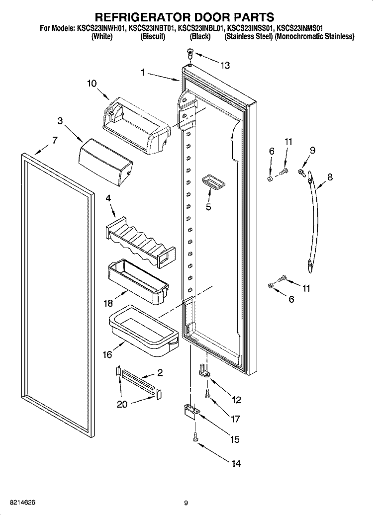 REFRIGERATOR DOOR PARTS Diagram and Parts List for KSCS23INMS01  KitchenAid Refrigerator