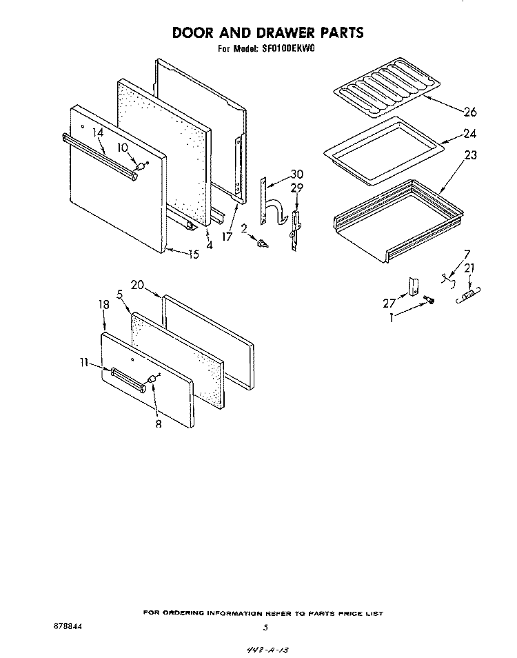 DOOR AND DRAWER Diagram and Parts List for SF0100EKW0  Whirlpool Range