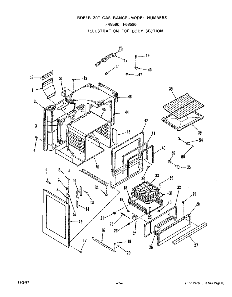 BODY Diagram and Parts List for F4858W0  Roper Range