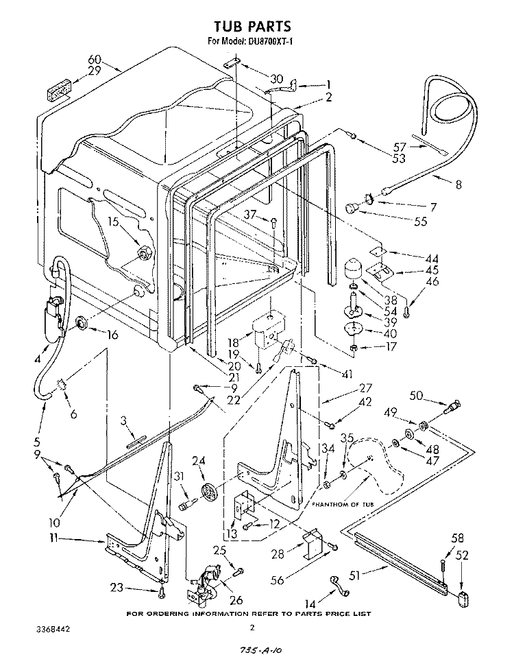 TUB , LITERATURE AND OPTIONAL Diagram and Parts List for DU8700XT1  Whirlpool Dishwasher
