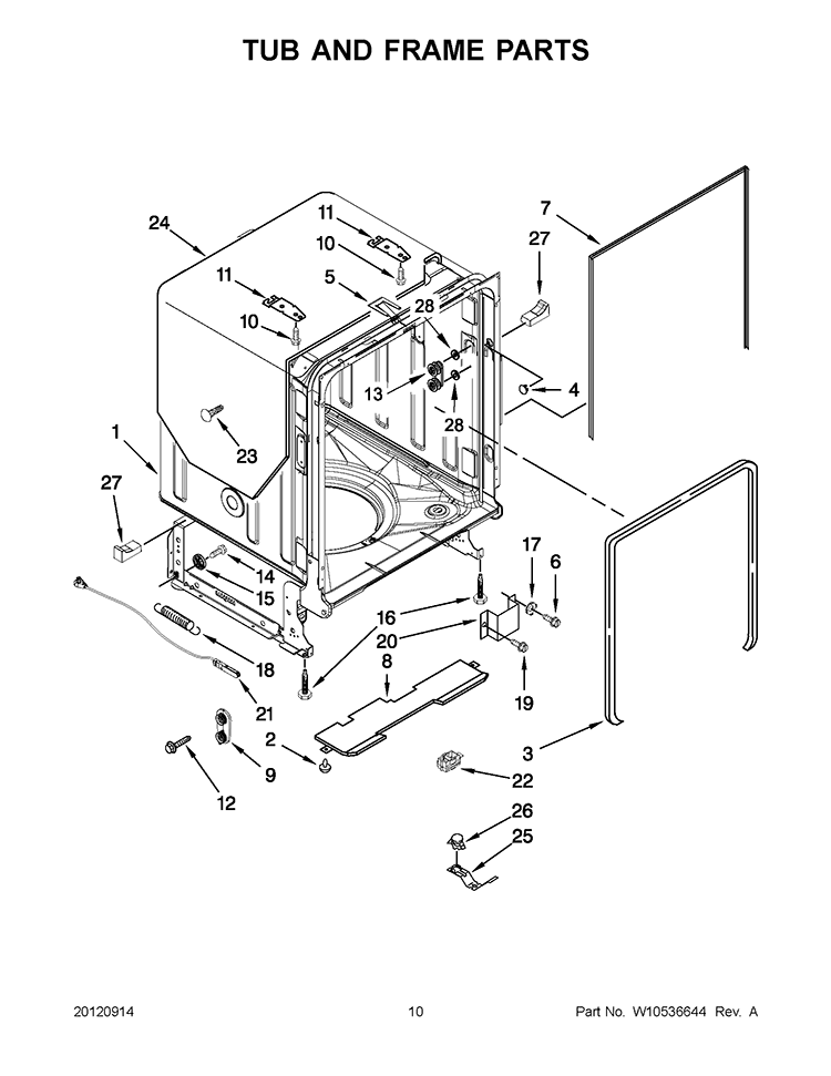 TUB AND FRAME PARTS Diagram and Parts List for KUDC10IBBL0  KitchenAid Dishwasher