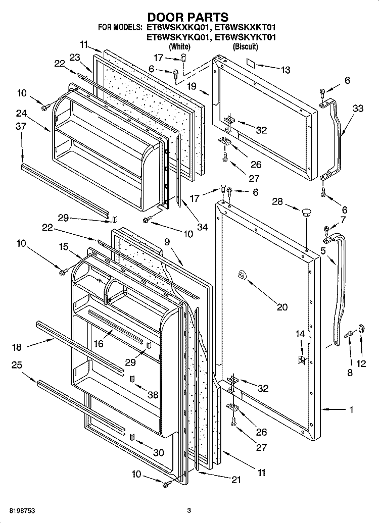 DOOR PARTS Diagram and Parts List for ET6WSKYKT01  Whirlpool Refrigerator