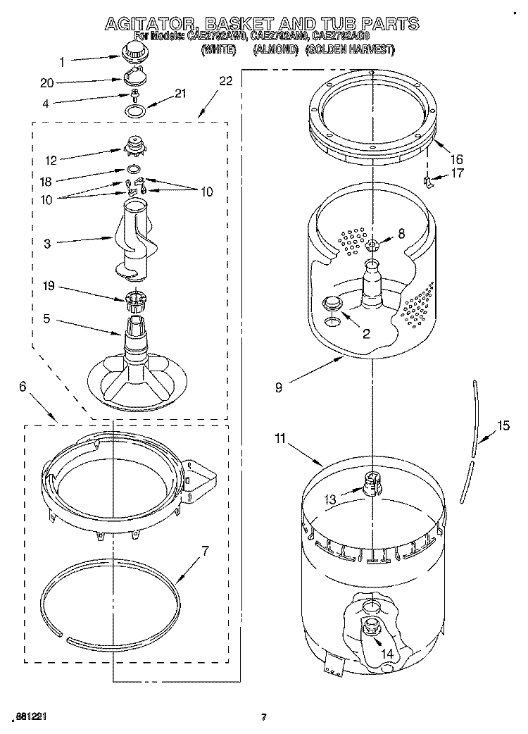 AGITATOR, BASKET AND TUB Diagram and Parts List for CAE2792AG0  Whirlpool Washer