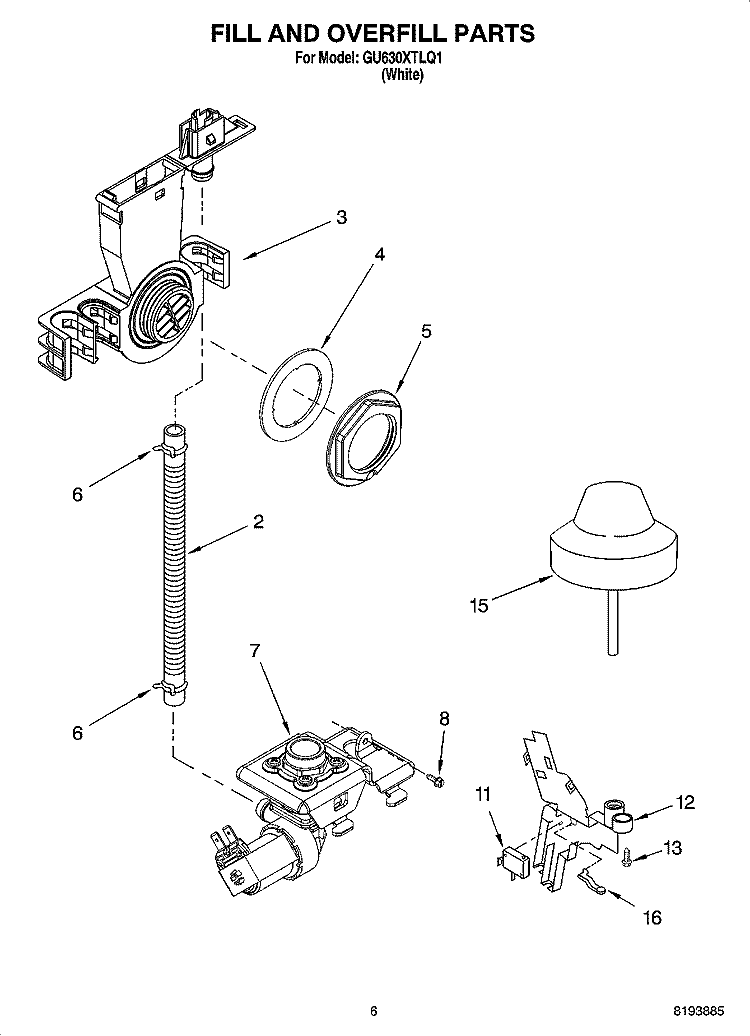 FILL AND OVERFILL PARTS Diagram and Parts List for GU630XTLQ1  Whirlpool Dishwasher