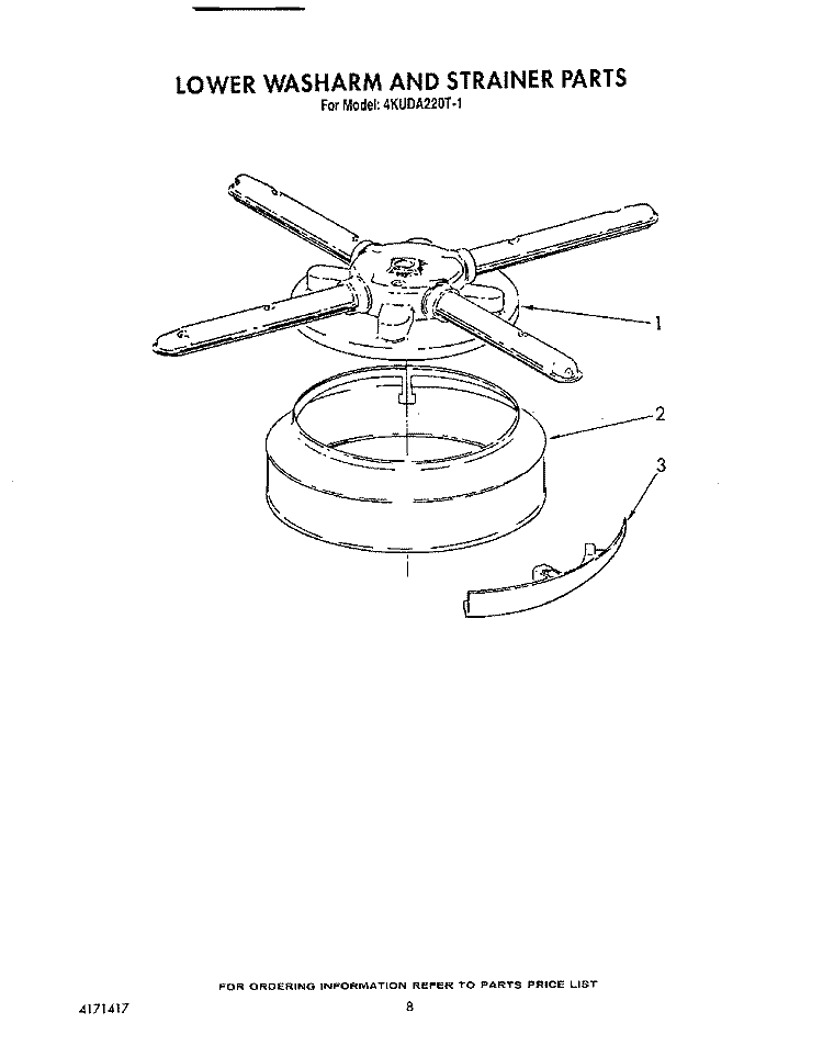 LOWER WASHARM AND STRAINER Diagram and Parts List for 4KUDA220T1  KitchenAid Dishwasher
