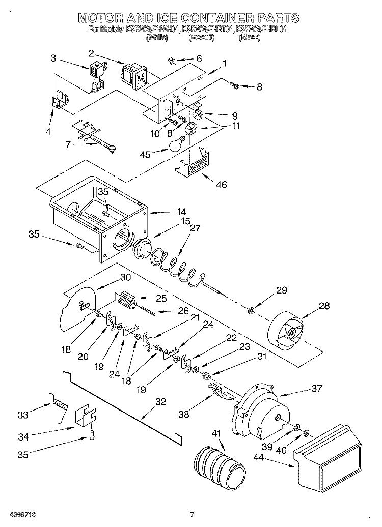 MOTOR AND ICE CONTAINER Diagram and Parts List for KSRW25FHBT01  KitchenAid Refrigerator