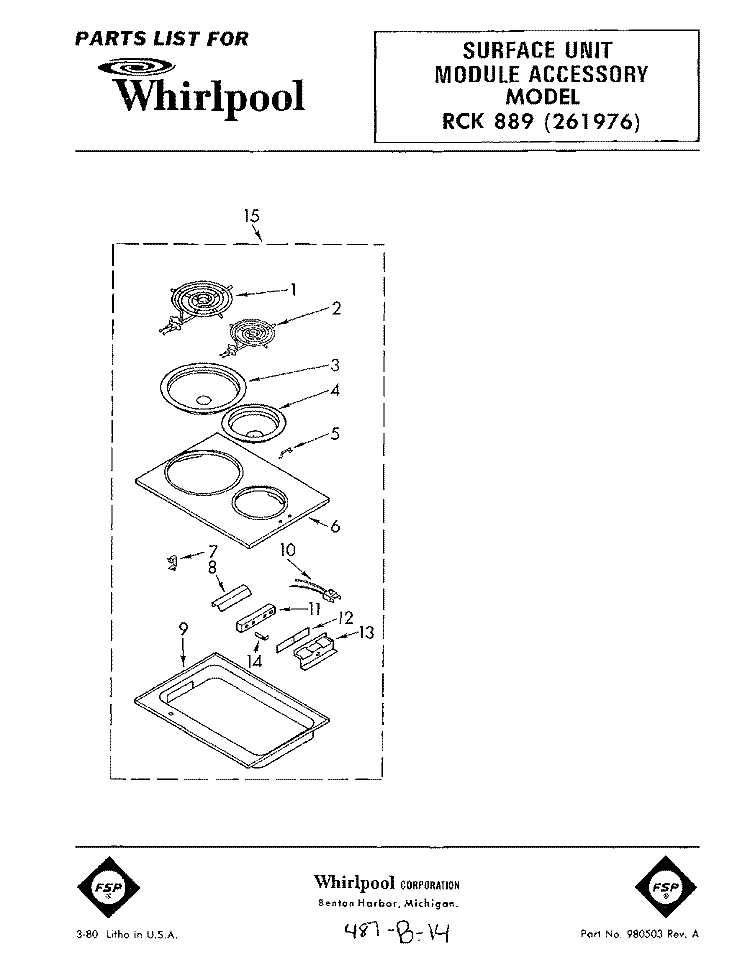 SECTION Diagram and Parts List for RCK889  Whirlpool Cooktop