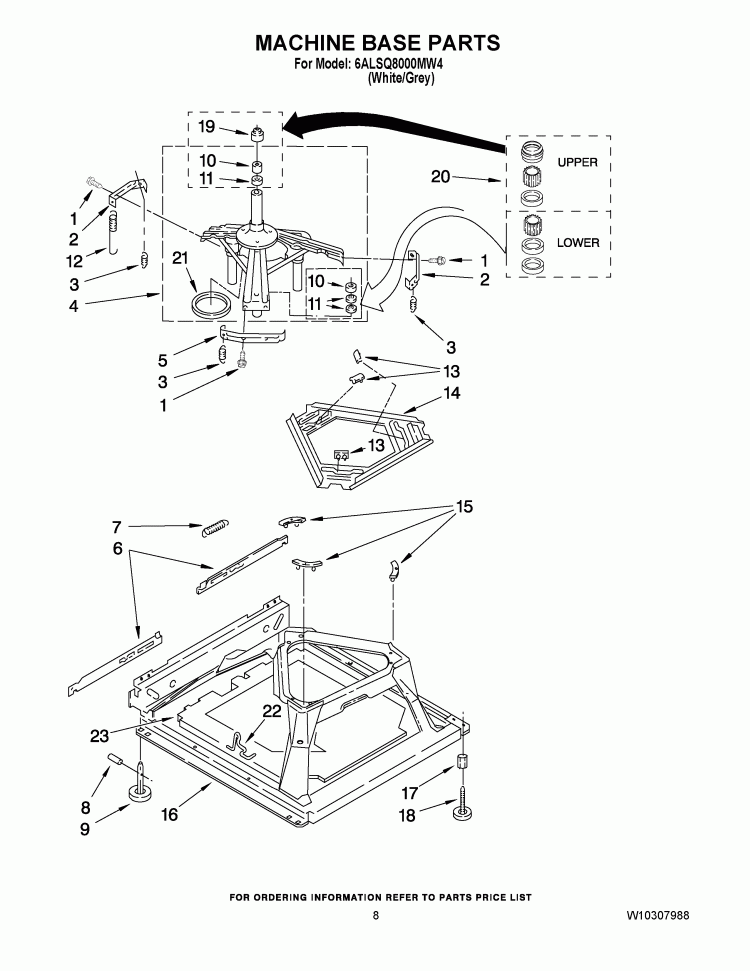 MACHINE BASE PARTS Diagram and Parts List for 6ALSQ8000MW4  Whirlpool Washer