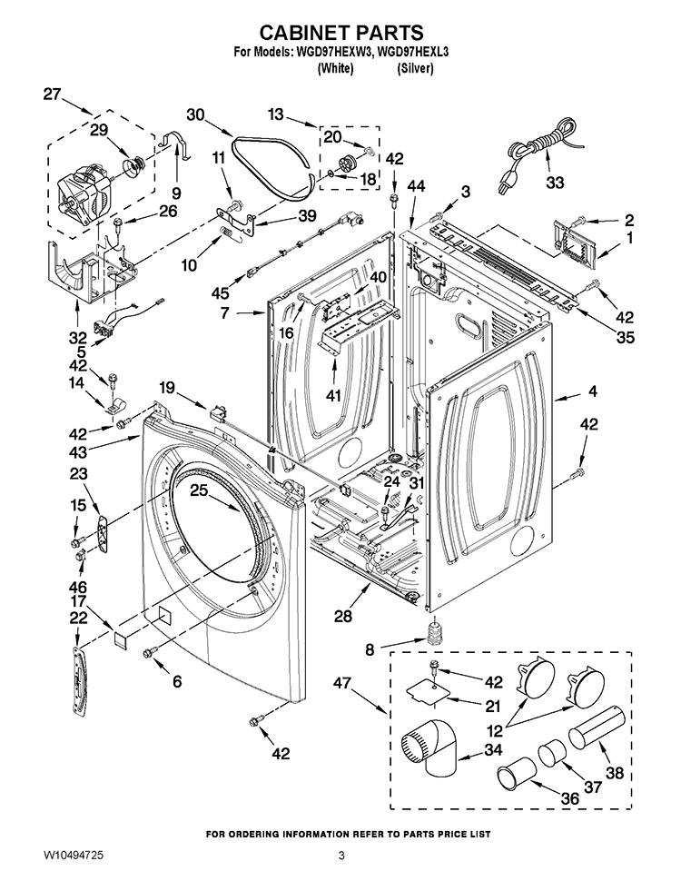 CABINET PARTS Diagram and Parts List for WGD97HEXL3  Whirlpool Dryer