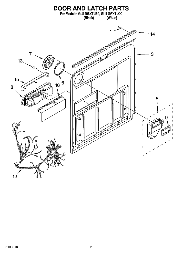 DOOR AND LATCH PARTS Diagram and Parts List for GU1108XTLQ0  Whirlpool Dishwasher