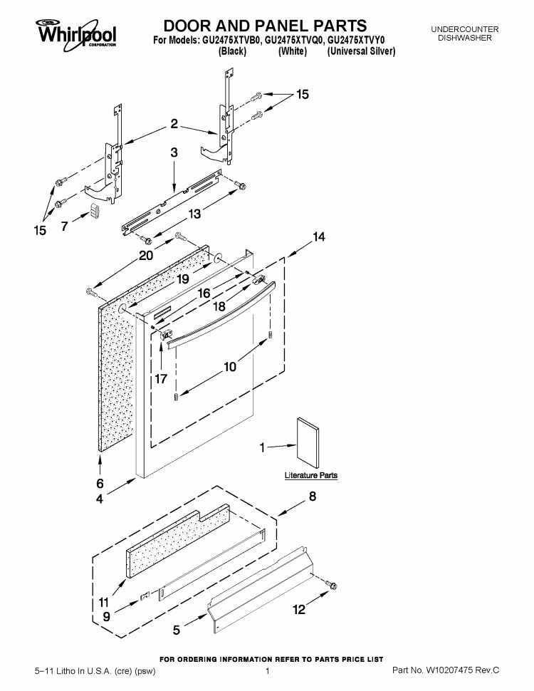 DOOR AND PANEL PARTS Diagram and Parts List for GU2475XTVB0  Whirlpool Dishwasher