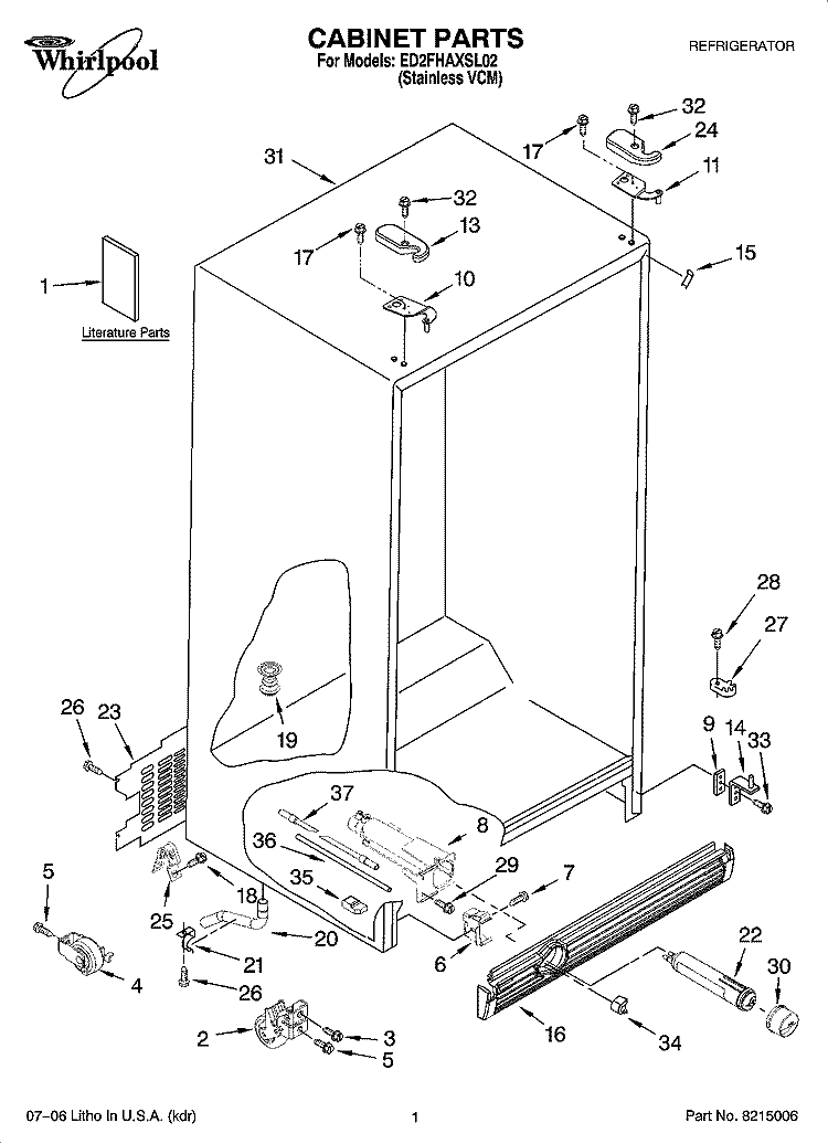 CABINET PARTS Diagram and Parts List for ED2FHAXSL02  Whirlpool Refrigerator