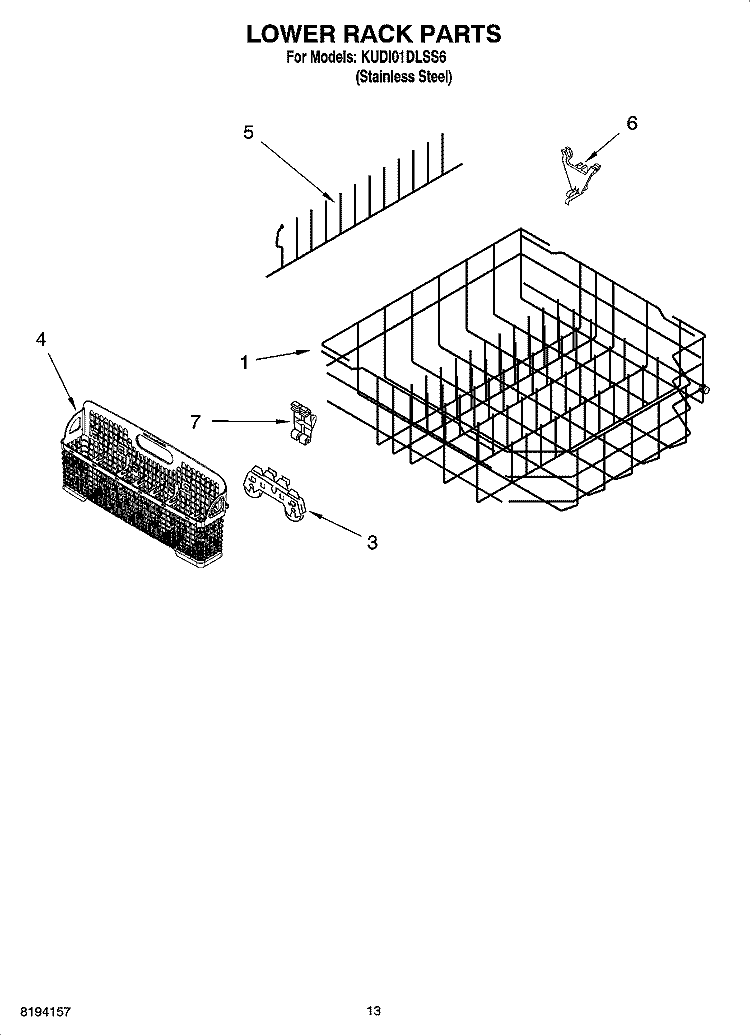 LOWER RACK PARTS, OPTIONAL PARTS (NOT INCLUDED) Diagram and Parts List for KUDI01DLSS6  KitchenAid Dishwasher