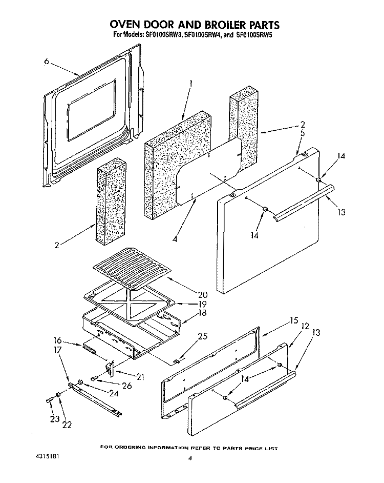 OVEN DOOR AND BROILER Diagram and Parts List for SF0100SRW4  Whirlpool Range