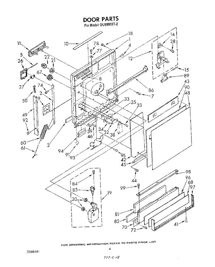 DOOR Diagram and Parts List for DU8900XT2  Whirlpool Dishwasher