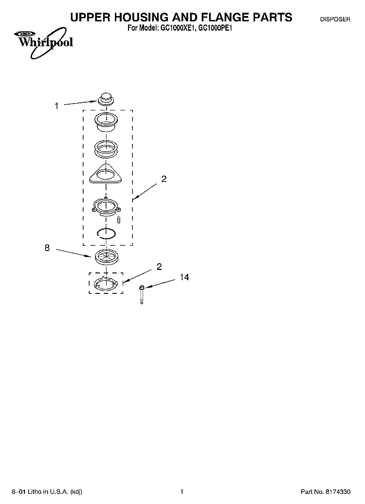 SECTION Diagram and Parts List for GC1000PE1  Whirlpool Food Waste Disposer