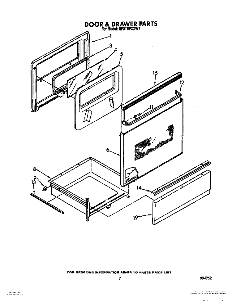 DOOR AND DRAWER Diagram and Parts List for RF316PXXB1  Whirlpool Range
