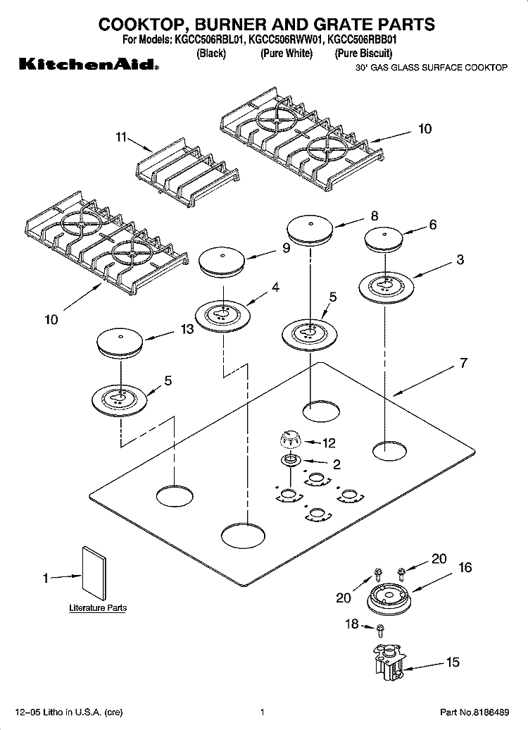 COOKTOP, BURNER AND GRATE PARTS Diagram and Parts List for KGCC506RWW01  KitchenAid Cooktop