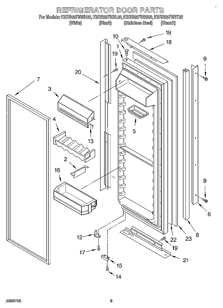 REFRIGERATOR DOOR Diagram and Parts List for KSRB25FHBL03  KitchenAid Refrigerator