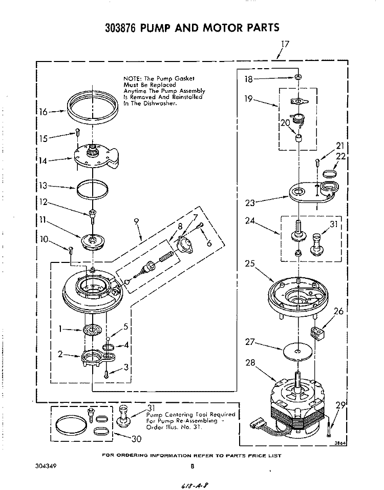 PUMP AND MOTOR Diagram and Parts List for GDU4050XPW0  Whirlpool Dishwasher