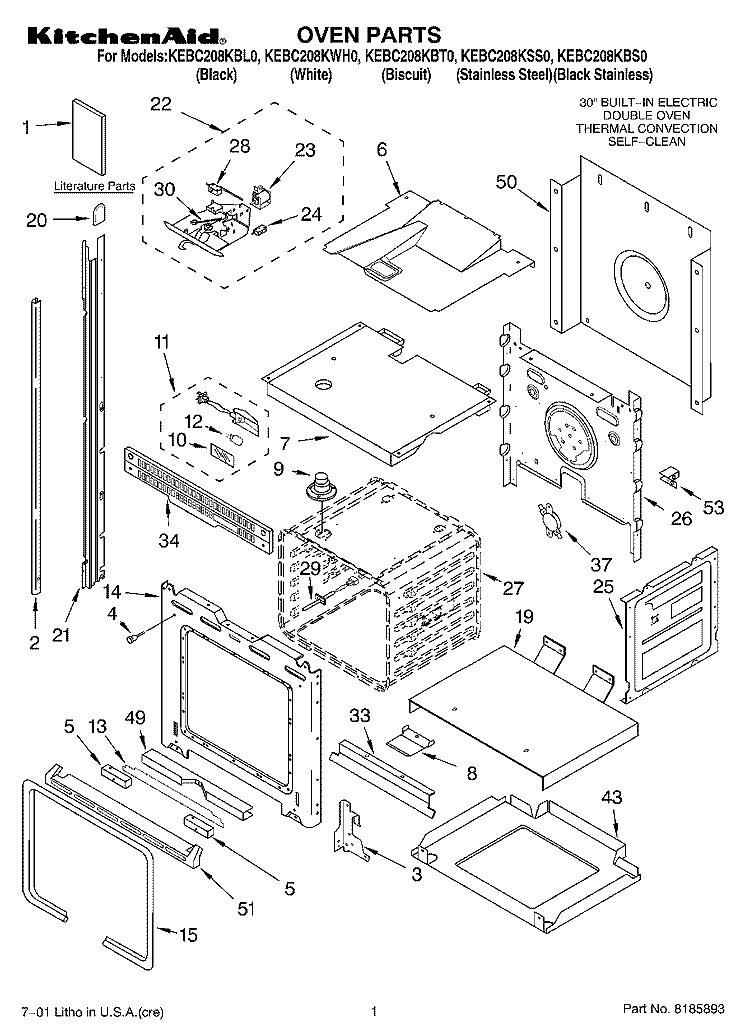 OVEN, LITERATURE Diagram and Parts List for KEBC208KSS0  KitchenAid Wall Oven