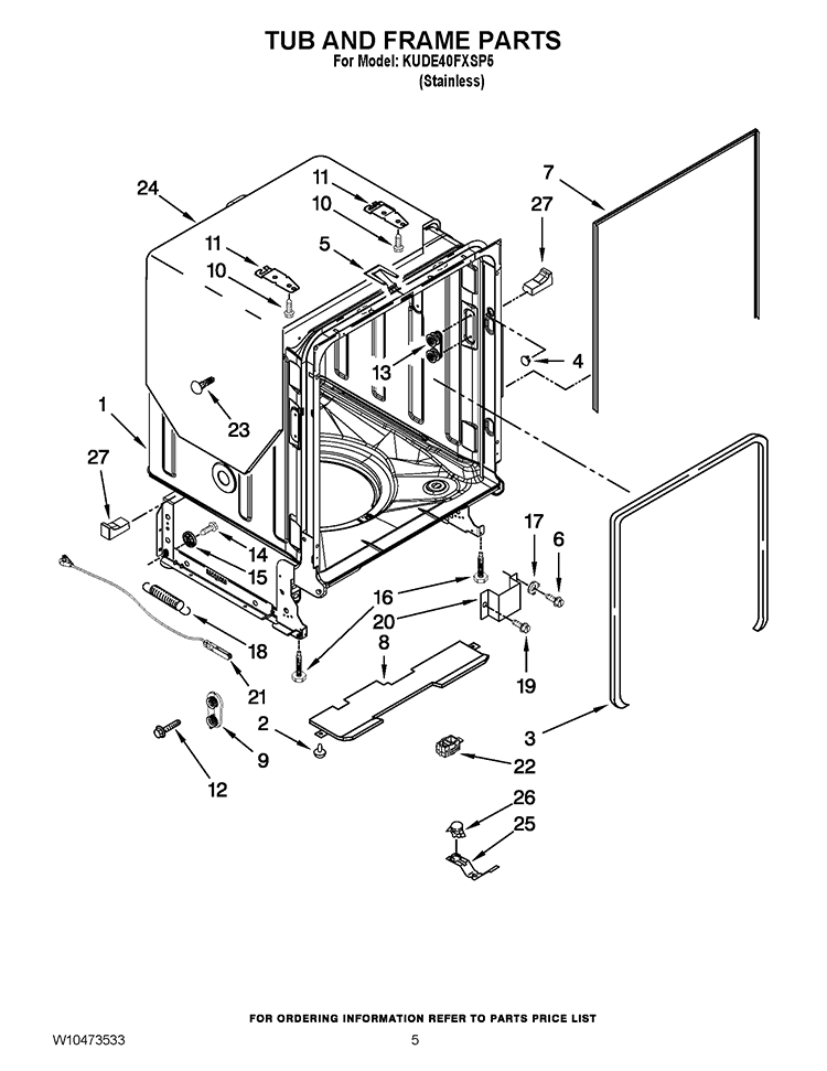 TUB AND FRAME PARTS Diagram and Parts List for KUDE40FXSP5  KitchenAid Dishwasher