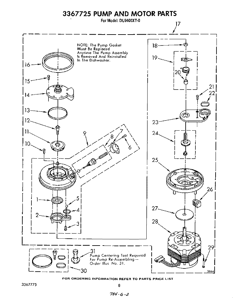3367725 PUMP AND MOTOR Diagram and Parts List for DU9400XT0  Whirlpool Dishwasher