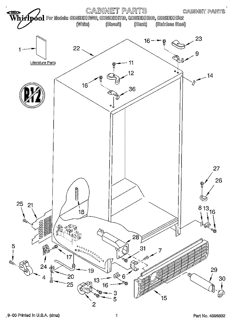 CABINET, LITERATURE Diagram and Parts List for GD25DIXHB02  Whirlpool Refrigerator