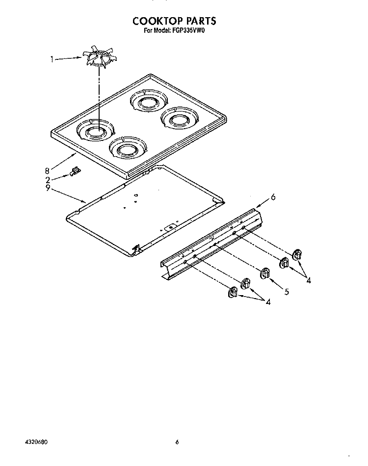 COOKTOP Diagram and Parts List for FGP335VL0  Roper Range