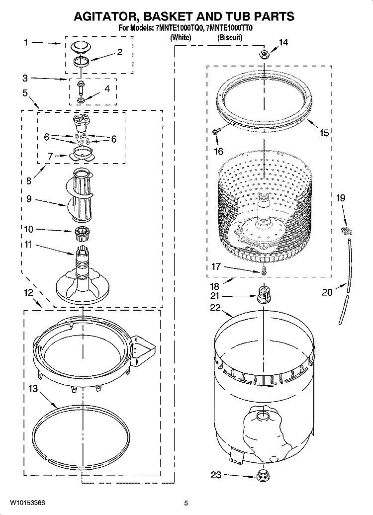 AGITATOR, BASKET AND TUB PARTS Diagram and Parts List for 7MNTE1000TQ0  Whirlpool Washer