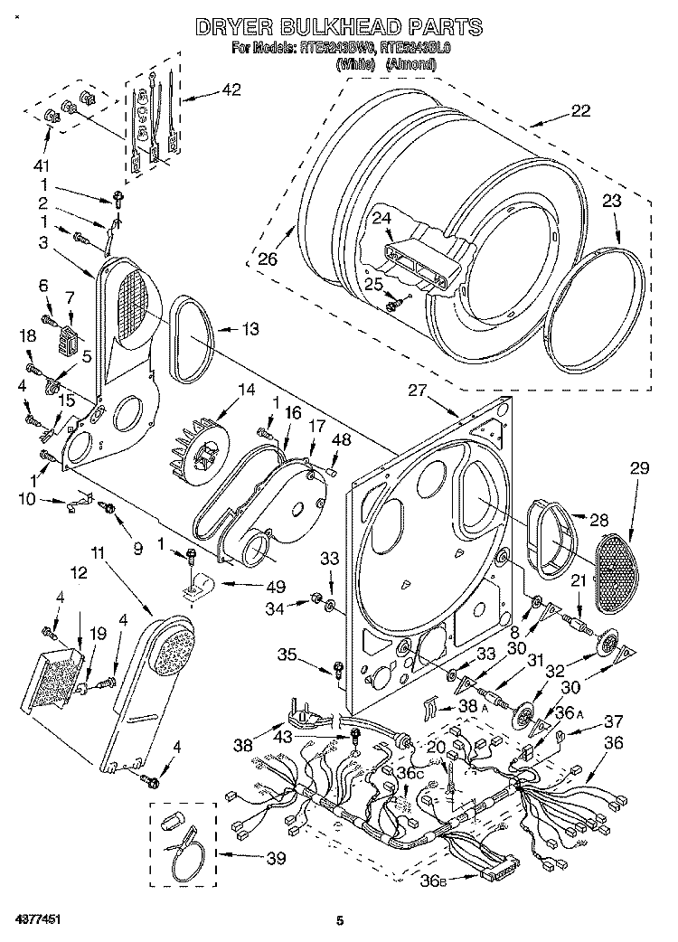 DRYER BULKHEAD Diagram and Parts List for RTE5243BW0  Roper Washer Dryer Combo