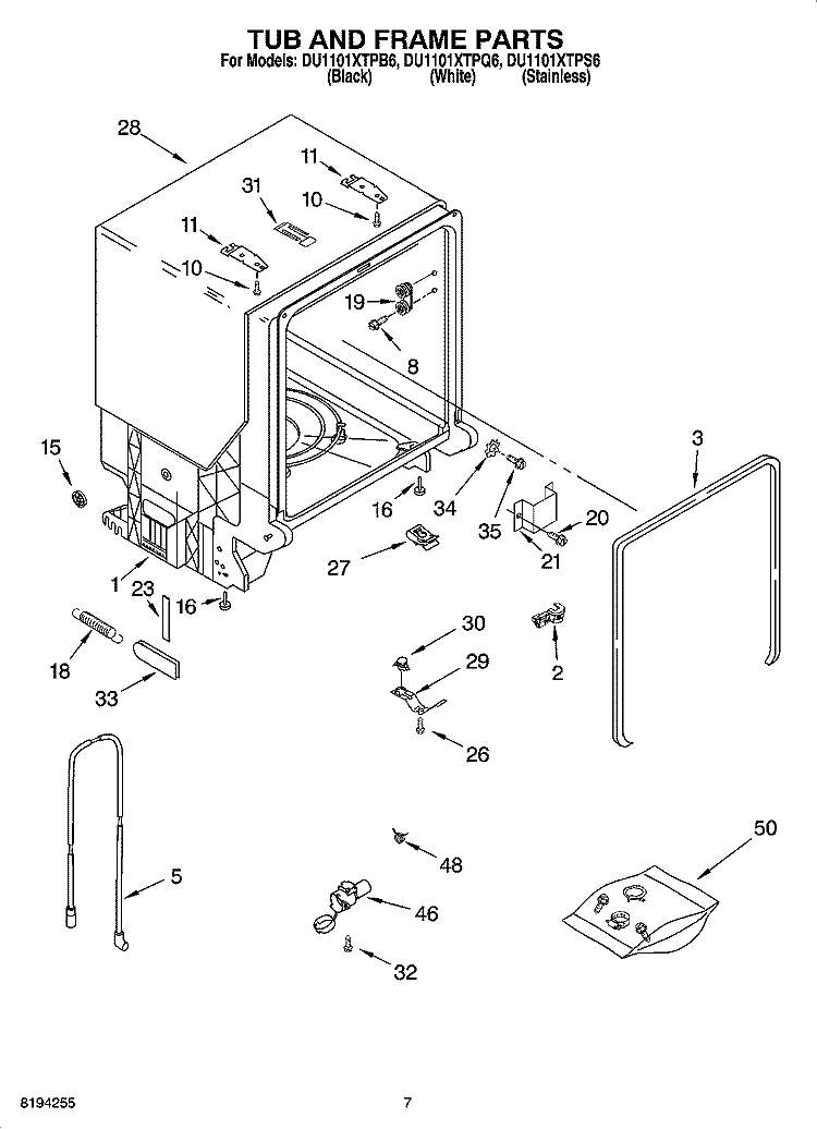 TUB AND FRAME PARTS Diagram and Parts List for DU1101XTPS6  Whirlpool Dishwasher