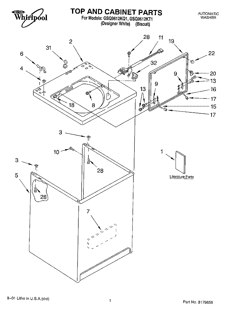 TOP AND CABINET, LITERATURE Diagram and Parts List for GSQ9612KT1  Whirlpool Washer