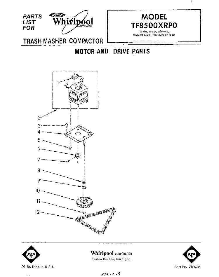 MOTOR AND DRIVE , PARTS NOT ILLUSTRATED Diagram and Parts List for TF8500XRP0  Whirlpool Trash Compactor