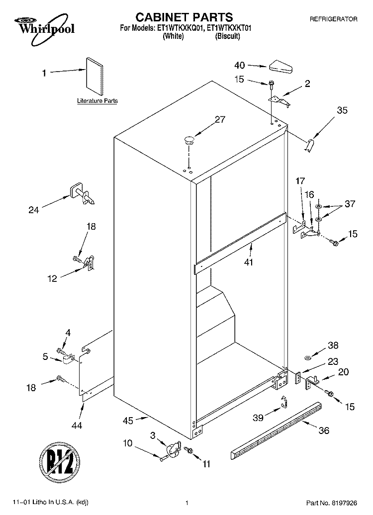 CABINET, LITERATURE Diagram and Parts List for ET1WTKXKQ01  Whirlpool Refrigerator