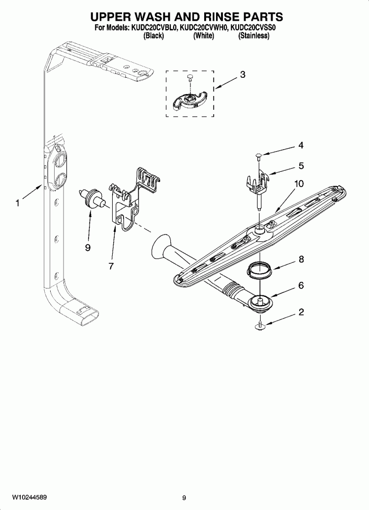 UPPER WASH AND RINSE PARTS Diagram and Parts List for KUDC20CVBL0  KitchenAid Dishwasher