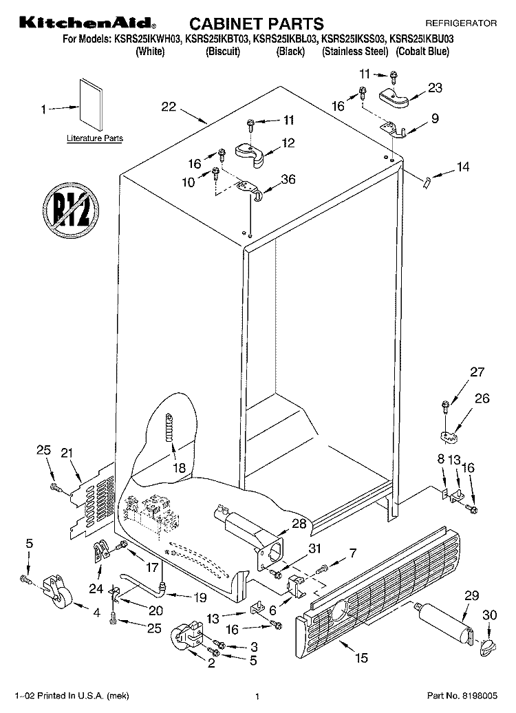 CABINET PARTS Diagram and Parts List for KSRS25IKBT03  KitchenAid Refrigerator