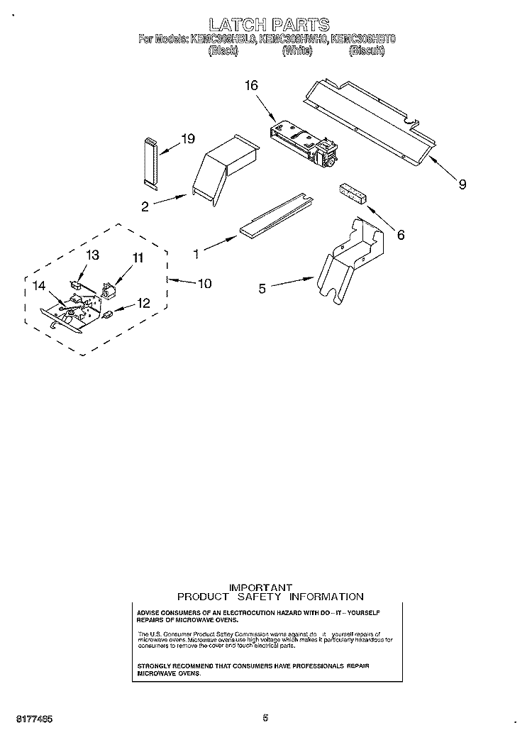 LATCH Diagram and Parts List for KEMC308HBL0  KitchenAid Microwave Oven Combo