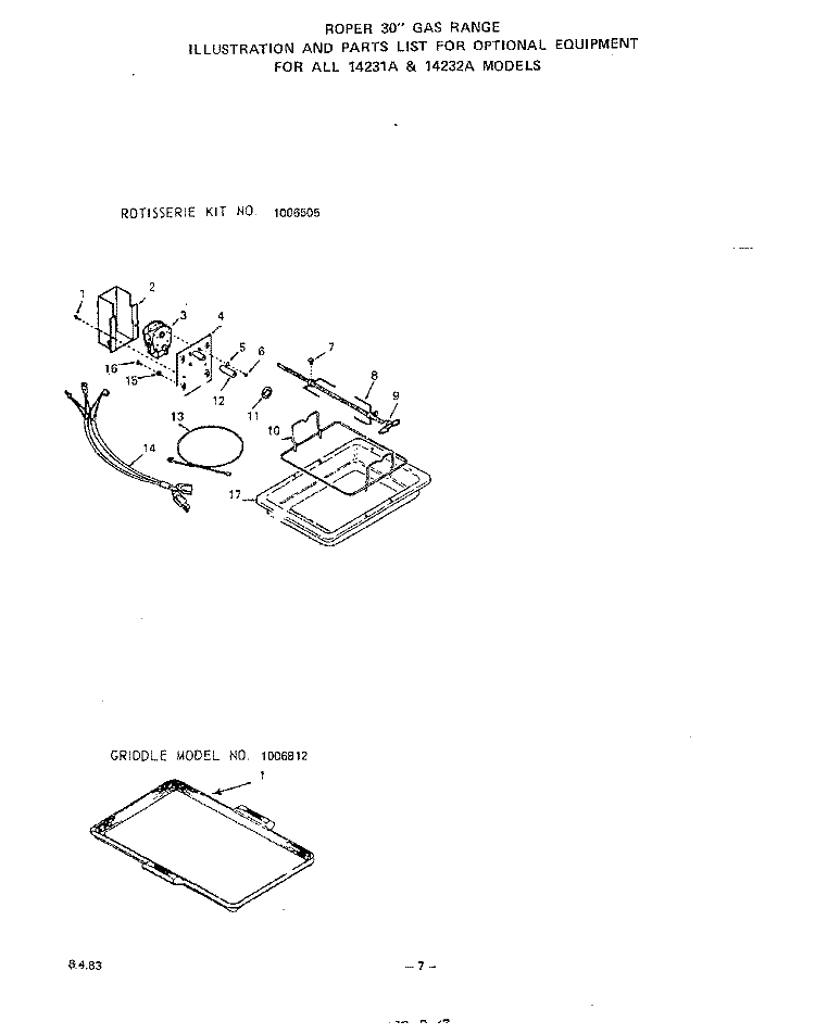 ROTISSERIE KIT, GRIDDLE Diagram and Parts List for 1423^2A  Whirlpool Range