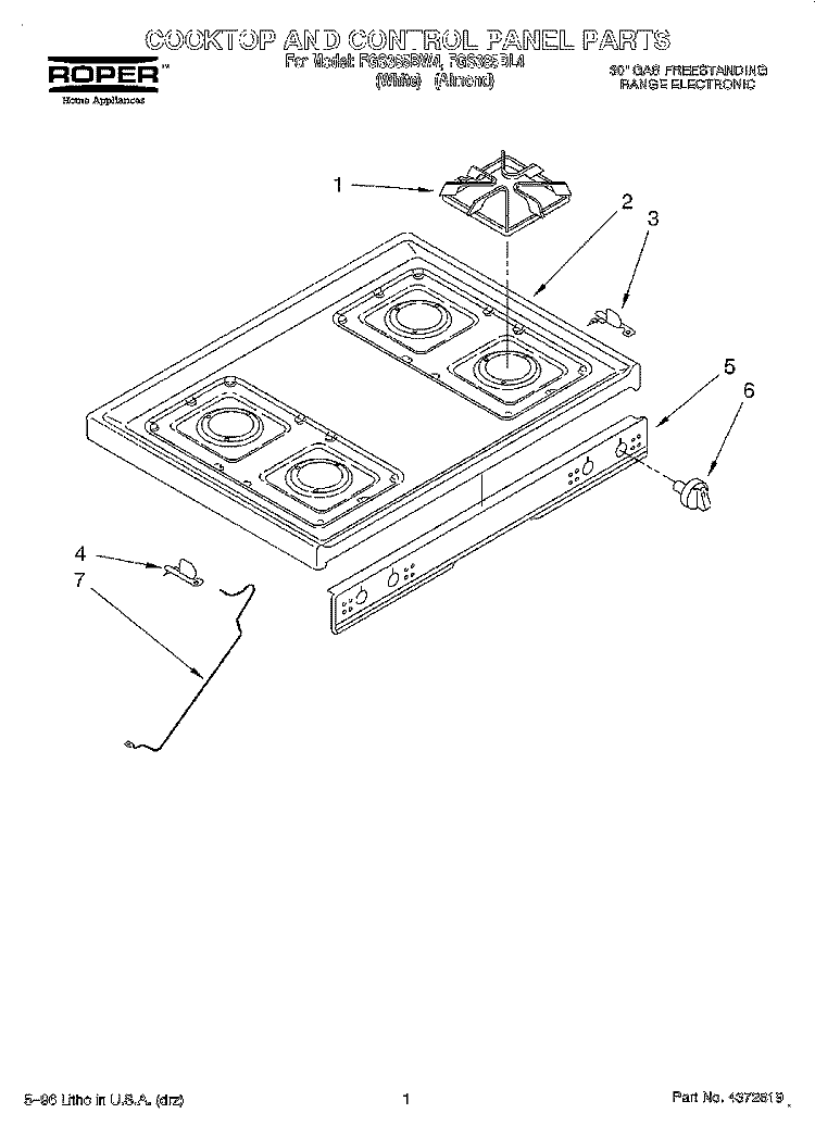 COOKTOP AND CONTROL PANEL Diagram and Parts List for FGS385BL4  Roper Range