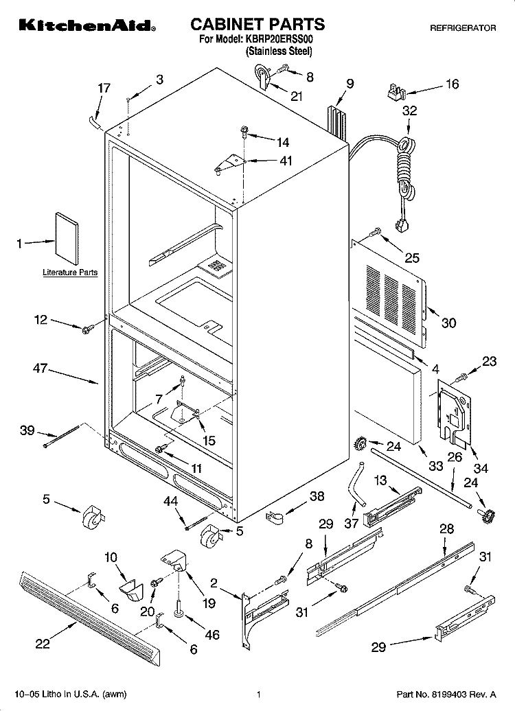CABINET PARTS Diagram and Parts List for KBRP20ERSS00  KitchenAid Refrigerator