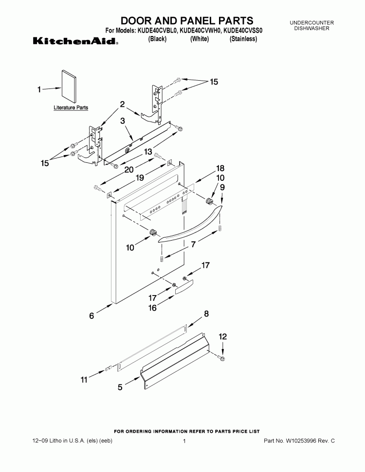 DOOR AND PANEL PARTS Diagram and Parts List for KUDE40CVWH0  KitchenAid Dishwasher