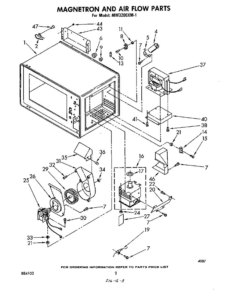 MAGNETRON AND AIRFLOW Diagram and Parts List for MW3200XM1  Whirlpool Microwave