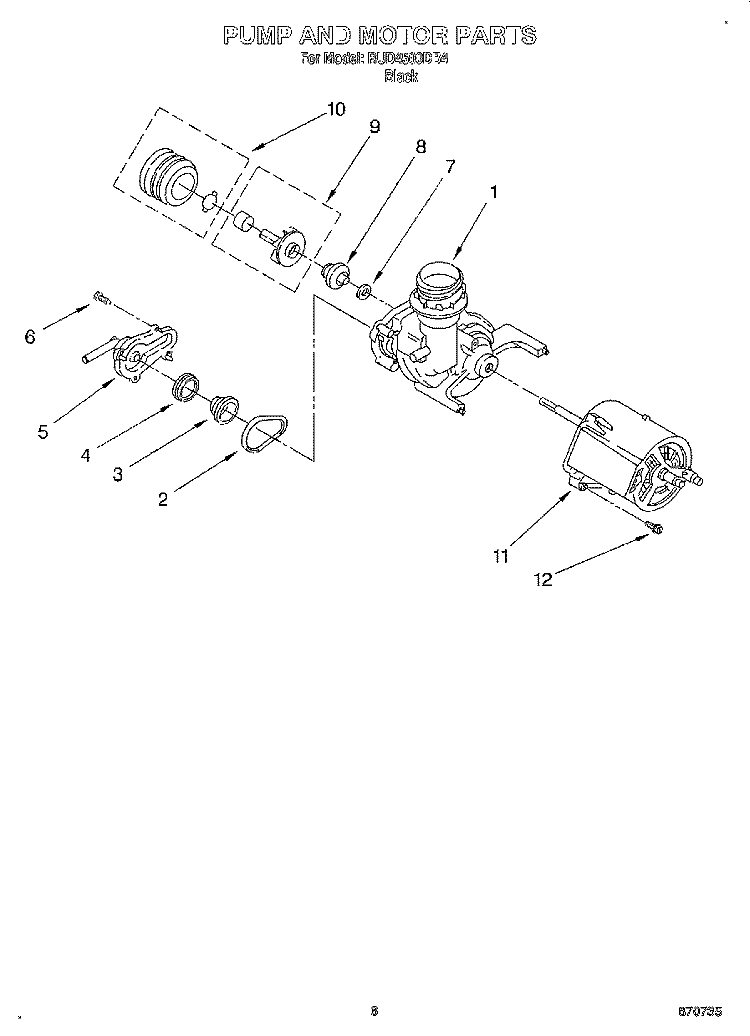 PUMP AND MOTOR Diagram and Parts List for RUD4500DB4  Roper Dishwasher