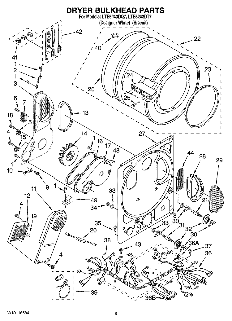 DRYER BULKHEAD PARTS Diagram and Parts List for LTE5243DT7  Whirlpool Washer Dryer Combo