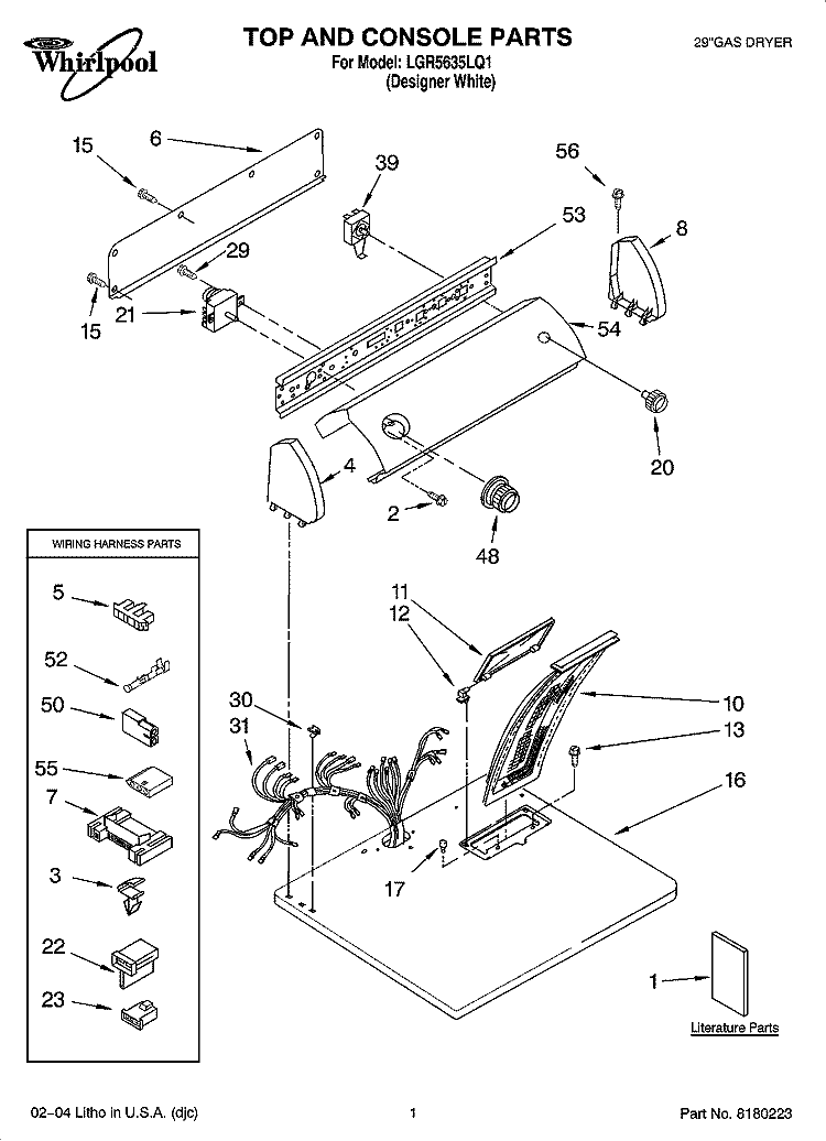 TOP AND CONSOLE PARTS Diagram and Parts List for LGR5635LQ1  Whirlpool Dryer