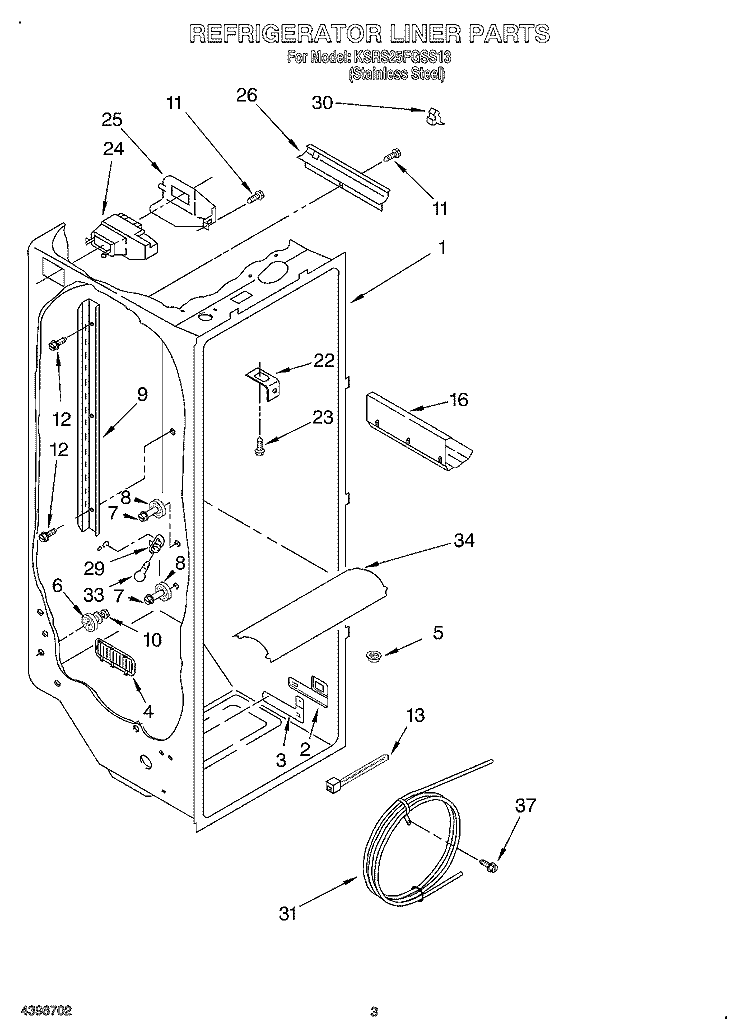 REFRIGERATOR LINER Diagram and Parts List for KSRS25FGSS13  KitchenAid Refrigerator