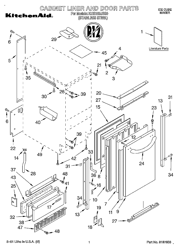 CABINET LINER AND DOOR, LITERATURE Diagram and Parts List for KUIS185JSS0  KitchenAid Ice Maker