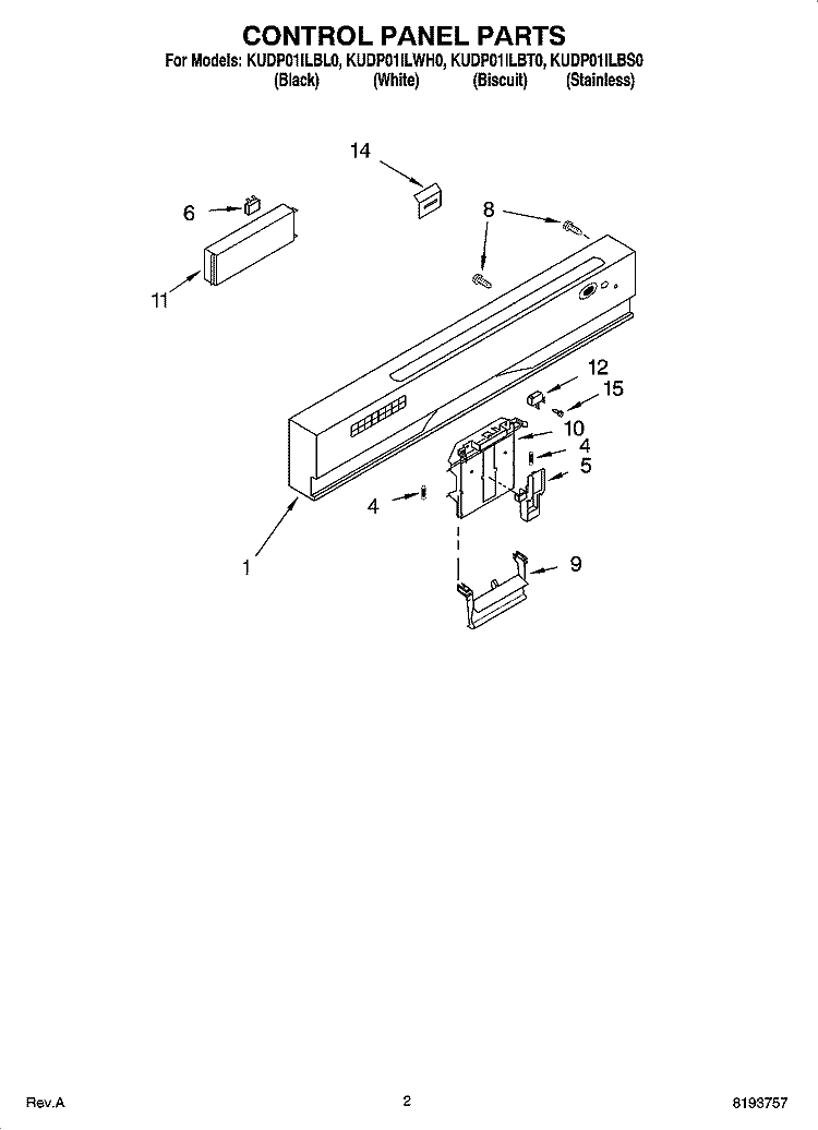 CONTROL PANEL PARTS Diagram and Parts List for KUDP01ILBS0  KitchenAid Dishwasher
